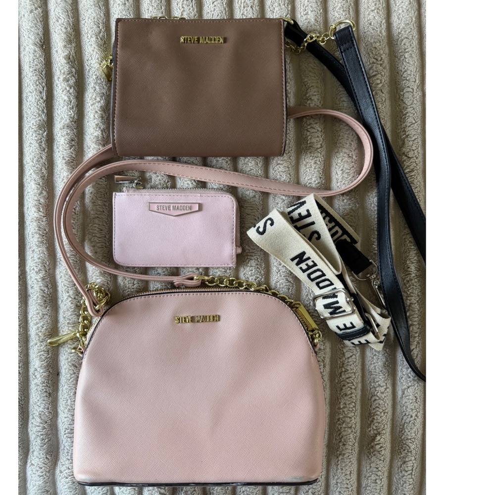 Steve Madden Crossbody Bag Bundle Pink Brown Handbags with Logo Straps 3pc Set
